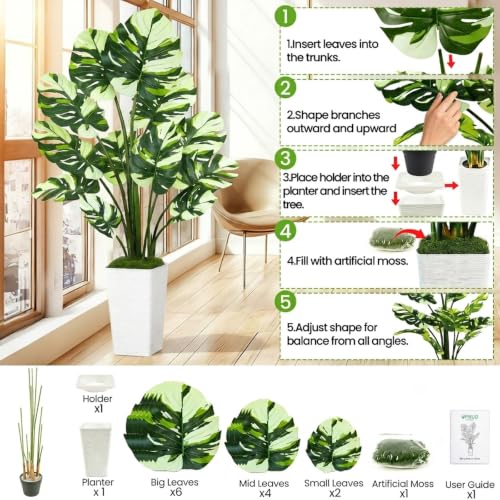 UPBUD Artificial Monstera Deliciosa Plant, 5FT Fake Tree with Real Touch Leaves & White Square Planter, 60in Tall Faux Plants Floor Trees for Indoor Outdoor Home Living Room Office Decor - color: White Leaves White Planter