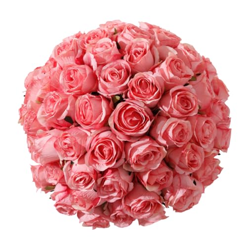 60Pcs Realistic Fake Roses Faux Flowers with Long Stems, Artificial Silk Rose Flowers for Valentines Day Home Wedding Decor Bridal Bouquet (Dark Pink-60) - color: Dark Pink-60