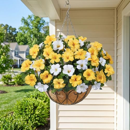 HyeFlora Artificial Flowers for Outdoors 4PCS Faux Petunias Silk Fake Flowers for Outside Planter UV Resistant Realistic Home Garden Porch Decor (Yellow 4branches) - color: Yellow 4branches