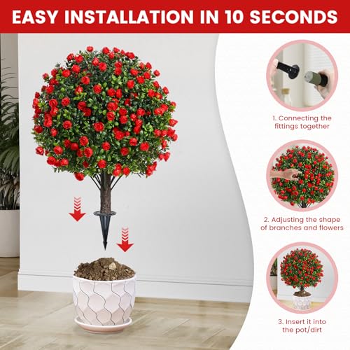 Artificial Topiary Ball Trees with Rose, 2 Pack Artificial Shrubs Bushes with Ground Spike, Fake Plants for Outdoor Front Porch Decor UV Resistant - color: 2 Pack 23" Red Rose