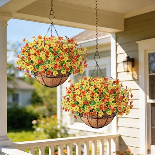 Artificial Fake Hanging Flowers Plants Basket Outdoors, Faux Silk UV Resistant Look Real Daisy Eucalyptus for Spring Summer Garden Porch Home Patio Balcony Yard Decorations, Orange Yellow - color: Orange and Yellow