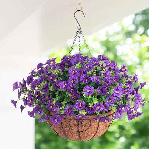 Artificial Fake Hanging Flowers Plants Basket for Outdoors Spring Decoration, Realistic Faux Silk Morning Glory for Outdoor Planters UV Resistant Artificial Flowers for Outside Porch Garden, Purple - color: B Purple