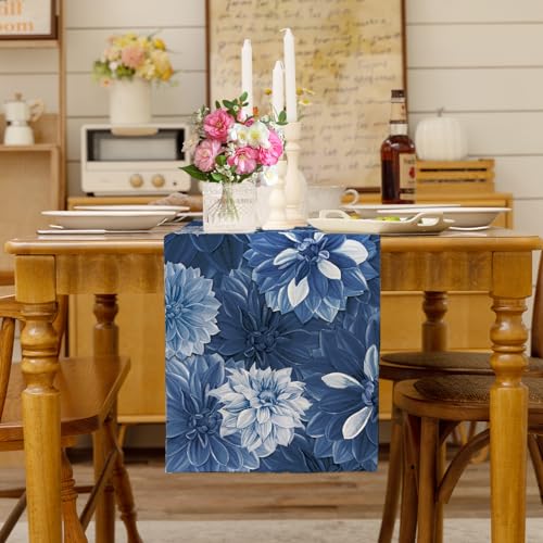 Navy Blue Dahlia Flower Summer Table Runner Blue Gray Burlap Table Runners, Spring Elegant Floral Seasonal Coffee Table Center Decor for Home Kitchen Dining Party Indoor Outdoor 13x36 Inch - color: Navy Blue, size: 13" x 36", Table Runner