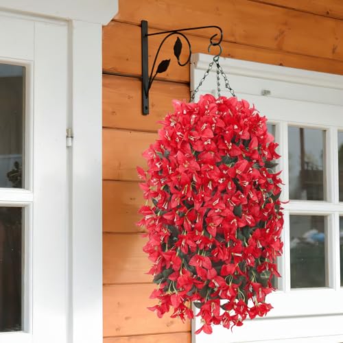 2PCS Faux Bougainvillea UV Resistant Artificial Flowers Plants for Outdoors Faux Hanging Bougainvillea Flowers Outside Decoration Fake Silk Long Trailing Vines for Front Door Porch Patio (red) - color: Red