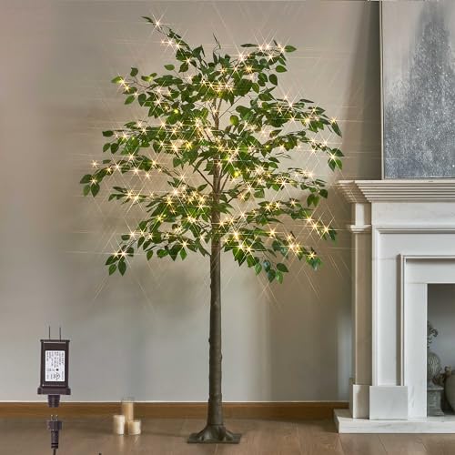 LITBLOOM Lighted Ficus Tree 6FT 264 LED Fairy Lights, Artificial Greenery Tree with Lights for Home Fireplace Living Room Decoration Inside - size: 6ft
