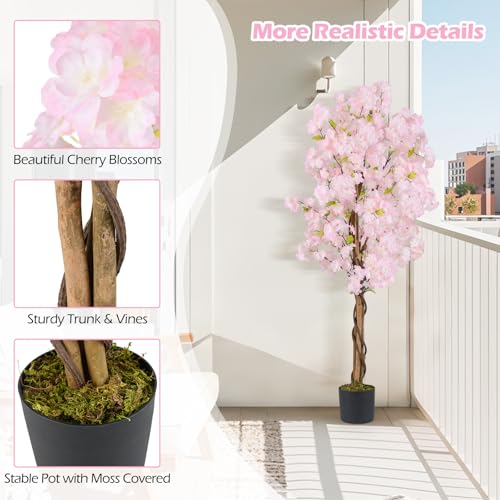 GOFLAME 5FT Artificial Cherry Blossom Tree, 2 Pack Faux Pink Silk Plant with Solid Wood Trunk, Realistic Moss and Nursery Pot, Fake Sakura Flower Tree for Home Office Indoor Decor
