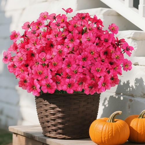 24 Bundles Artificial Flowers for Outdoors, Realistic Fake Silk Flowers for Outside Decoration, No Fade Faux Plants Outdoor Planter Window Box Porch Patio Decor(Rosy red) - color: Rosy Red, size: 24PCS