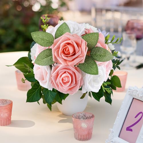 AmyHomie 25pcs Real Looking Artificial Shades of Blush Roses w/Stem for DIY Wedding Bouquets Centerpieces Arrangements Party Baby Shower Valentines Day Christmas Tree Decorations - color: Shades of Blush