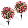 momoplant Artificial Boxwood Topiary Ball Tree with Mum Flowers 24” Tall Faux Plant with Ground Spikes Set of 2 Fake Flower Bushs for Farmhouse Porch Home Garden Decor - size: 2 Pcs with Spike（Red&Pink）