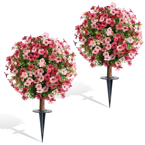 momoplant Artificial Boxwood Topiary Ball Tree with Mum Flowers 24” Tall Faux Plant with Ground Spikes Set of 2 Fake Flower Bushs for Farmhouse Porch Home Garden Decor - size: 2 Pcs with Spike（Red&Pink）