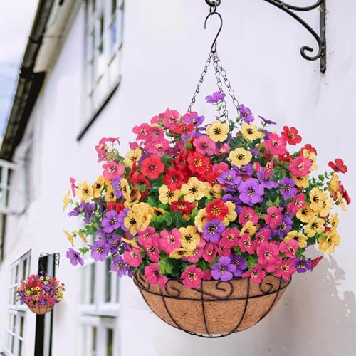 Artificial Hanging Flowers for Outdoors, UV Resistant Silk Flowers Basket Mixed Color Faux Daisy with Eucalyptus Leaves Hanging Fake Plants for Porch Balcony Patio Home Spring Summer Decoration - color: Mixed Color-1