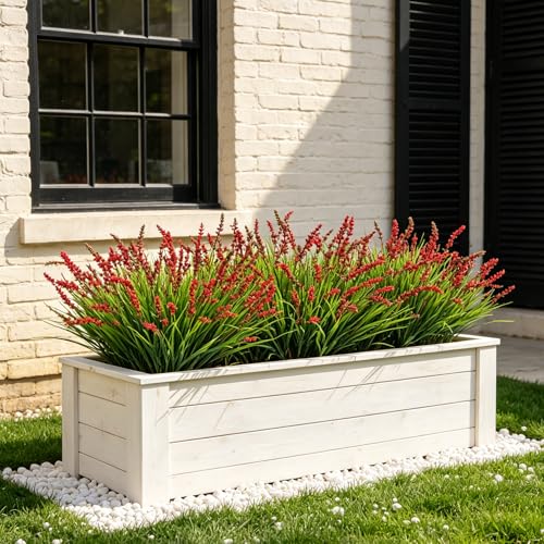 Outdoor Faux Plants, 12 Pcs Fake Plant UV Resistant Monkey Grass Lavender Flowers, Artificial Greenery Shrubs Bush for Outside Planter Patio Garden Front Porch Door Yard Spring Summer Decor, Red - color: Red
