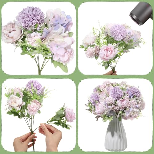 Tigeen Artificial Flowers Artificial Peonies Silk Flowers Faux Peony Fake Peony Silk Hydrangea Bouquet for Wedding Table Centerpiece Floral Vase Decor(Light Purple,12 Bundles) - color: Light Purple