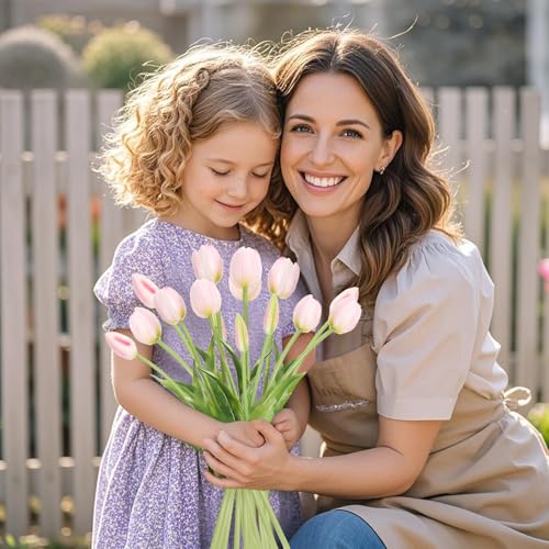 15 Pcs Light Pink Tulips Artificial Flowers Faux Tulips Real Touch Latex Fake Flower Bouquet for Spring Wedding Home Décor Centerpiece Arrangements - color: Light Pink
