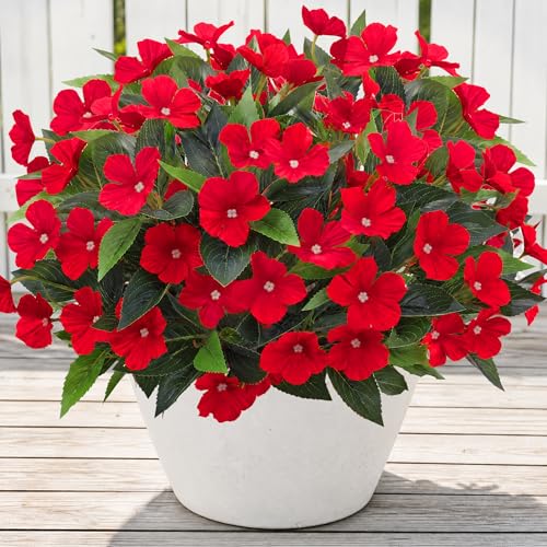 Roberly 6 Bundles Artificial Flowers for Outdoors, Faux Silk Catharanthus Roseus Flowers Bouquet Fake Greenery Plant for Spring Summer Garden Patio Porch Window Box Table Home Decor, Red - color: Red