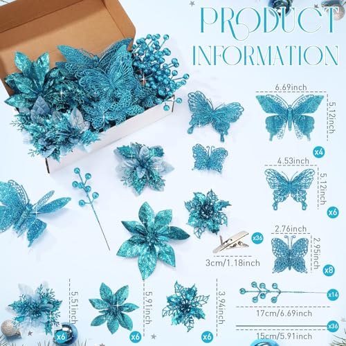 Thiccywoov 122 Pcs Christmas Glitter Poinsettia Artificial Flowers Berry Picks Butterfly Christmas Tree Ornaments 3 Styles Poinsettia kit with Clip for Xmas Wreath Home Tree Decor (Lake Blue) - color: Lake Blue