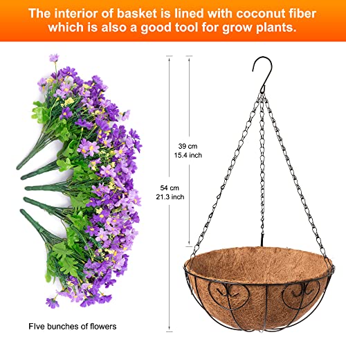 Ammyoo Artificial Hanging Flowers in Basket for Patio Garden Porch Deck Spring Summer Decoration, Artificial Daisy Arrangement,Fake Plants in 12 inch Coconut Lining Basket for Outdoor/Indoor(Purple) - color: Purple