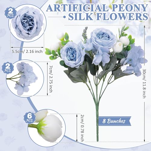 Yunsailing 8 Packs Artificial Peony Flowers Faux Silk Hydrangea Bouquet Vintage Wedding Home Table for Door Decor Reusable Bouquet of Rose Flowers for Valentine Wedding Birthday Party(Blue White) - color: Blue White, style: Hydrangea