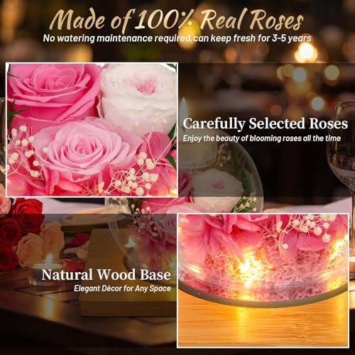 ENERLEAF Preserved Pink Real Rose in Glass with Scented Candles – Forever Flower Romantic Anniversary Christmas Birthday Valentines for Mom, Women, Wife, Girlfriend, Her, Grandma - color: Glass-pink