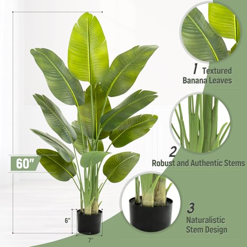 Lifelike Bird of Paradise Artificial Plant,5ft Faux Banana Leaf Tree with 12 Trunks - Perfect Indoor Silk Floor Plant for Home Decor in Living Room, Office, and Bedroom 1Pack - size: 5ft