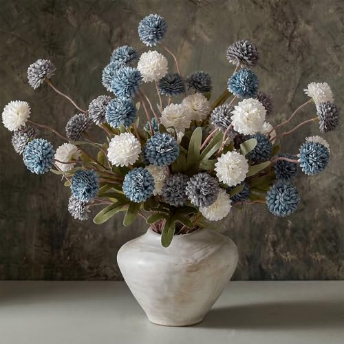 9pcs Fake Flowers Silk Mini Mums with Stems, Blue & White Faux Chrysanthemum Pompon Balls Artificial Flower Bulk for DIY Wedding Centerpieces, Vase Fillers, Floral Arrangements & Home Decor - color: Blue & White