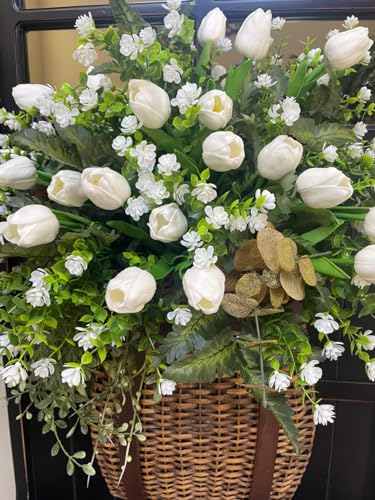 Tulips Artificial Flowers 20 Pcs White Fake Tulip Stems Real Touch PU Tulips for Easter Spring Wedding Bouquet Home Centerpiece Floral Arrangement Table Décor