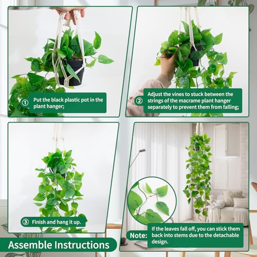 Fake Pothos in Rope - Hanging Pot, Artificial Pothos Plants for Home Decor Indoor Macrame Plant Hanger with Faux Vine Hanging Planter Greenery for Bedroom Bathroom Kitchen Office Decor - color: Bohemian Hanging Pothos