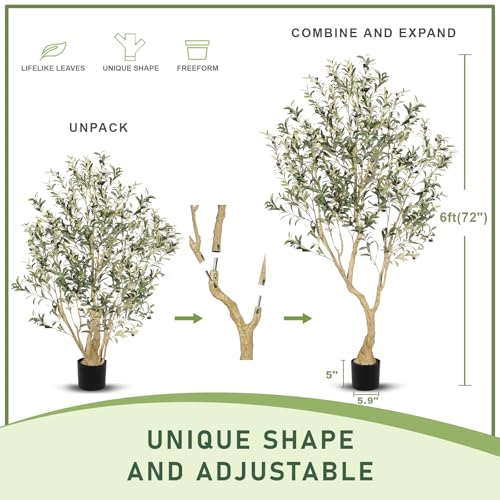 LYERSE Olive Tree 6ft - Olive Trees Artificial Indoor with Large Olive Branches and Lifelike Fruits - Faux Olive Tree for Modern Home Office House Living Room Decor - size: 6ft