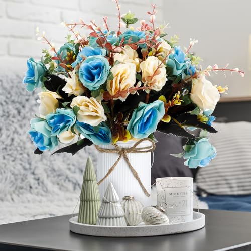 Domensi 6 Sets Wedding Centerpiece for Table Artificial Rose with Vase Fake Bouquets and Metal Pot Flower Arrangements for Bridal Shower Birthday Party Event Table Decor (Teal) - color: Teal