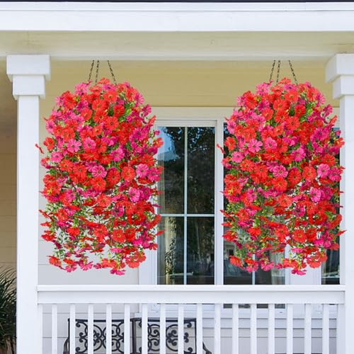 Dolicer 2 Pcs Look Real Artificial Flowers for Outdoors, Realistic Fake Artificial Hanging Flowers for Outdoors UV Resistant Silk Faux Hanging Plants Flowers for Porch Patio Garden(Red+Fuchsia) - color: Red+fuchsia, size: 2 Pcs