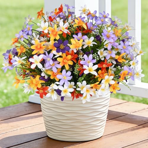 Ammyoo 12 Bundles Artificial Spring Summer Flowers Outdoor Decorations Fake Plants, Realistic Silk Floral Garden Porch Faux Flowers for Outside Planters Decoration(Orange Purple White) - color: Orange Purple White No Basket