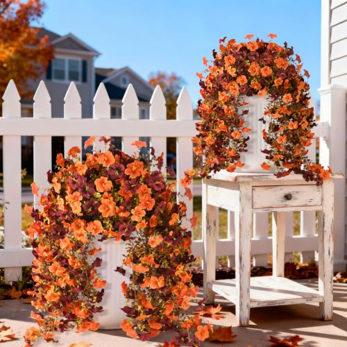 INQCMY Artificial Fake Fall Flowers Plants for Outdoor Decoration,2 PCS Faux Silk Morning Glory with Eucalyptus Leaves,UV Resistant Realistic Outdoor Flowers for Balcony Porch Patio Yard Garden - color: Fall Orange Brown