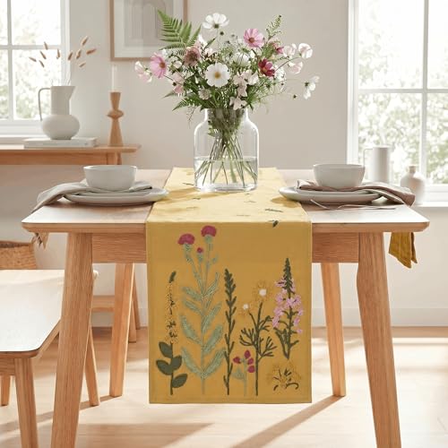 Artoid Mode Light Camel Soft Chain Embroidery Wild Floral Spring Table Runner, Seasonal Summer Kitchen Dining Table Decoration for Home Party Decor 13x72 Inch - color: Light Camel, size: 13" x 72", Table Runner