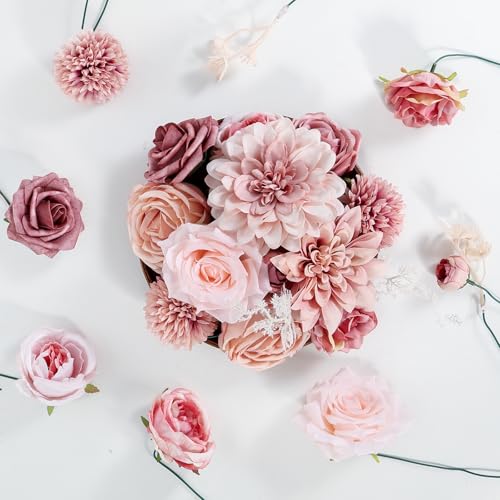 Artificial Flowers Dusty Pink Silk Roses, Fake Flowers for DIY Wedding Bouquets Bridal Shower Centerpieces, Floral Arrangements for Table Decorations Birthday Party Home Decor Indoor Outdoor - color: Vintage Pink