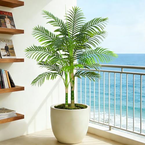 Artificial Palm Tree Indoor Plant Tall Fake Tropical Palm Tree in Pot with Real Bark Design Faux Areca Palm Tree for Home Office Living Room Bedroom Farmhouse Modern Outdoor Decor (13 Leaves 4 FT) - color: Black, size: 4FT
