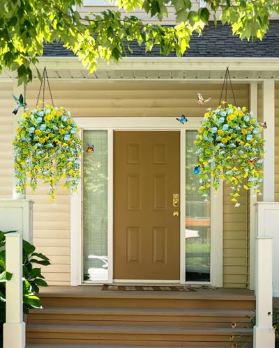 UV Resistant Cascading Artificial Hanging Flowers for Outdoors Decoration,4 Bundles NO Fade Realistic Faux Silk Plants Colorful Morning Glory for Outside Garden Yard Planter Front Porch Decor - color: Blue Green Yellow