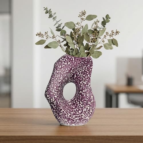 Sunddo Ceramic Vase for Home Decor, 11 Inch Donut Decorative Vase for Living Room, Modern Art Flower Vase, Entryway, Fireplace, Centerpiece Table, Console Decor - color: Purple, size: 11 inch