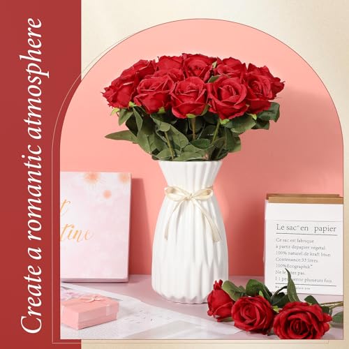 Hotop 40 Pcs Rose Artificial Flowers Bulk with Long Stem,Realistic Silk Fake Roses Bouquet for Home Wedding Centerpieces Party Table Decoration Valentines Gifts(Red) - color: Red