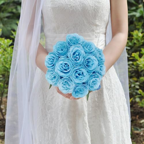 Light Blue Roses Artificial Flowers,30PCS Fake Glitter Roses with Stem for Wedding Bouquet Party Christmas Home Decor(Light Blue) - color: Light Blue