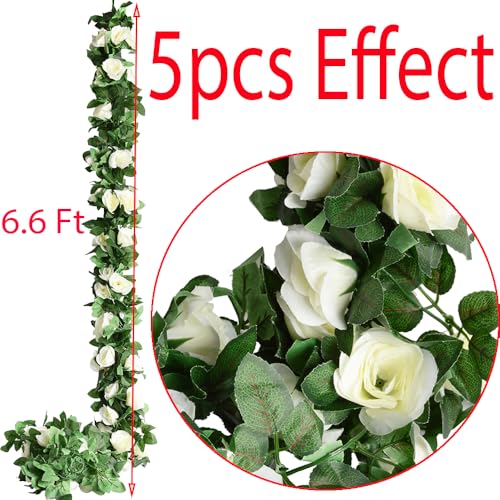 5pack Flower Garland Artificial Fake Rose Garland Vine Artificial Flowers for Decoration Floral Garlands Decor-Total 41 Ft (White) - color: White