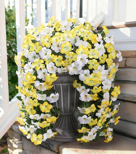 Ivydale Artificial Hanging Flowers for Outdoors, Faux Morning Glory 2Pcs UV & Fading Resistant Silk Flower for Porch Patio Balcony Planter Yard (Yellow) - color: Yellow