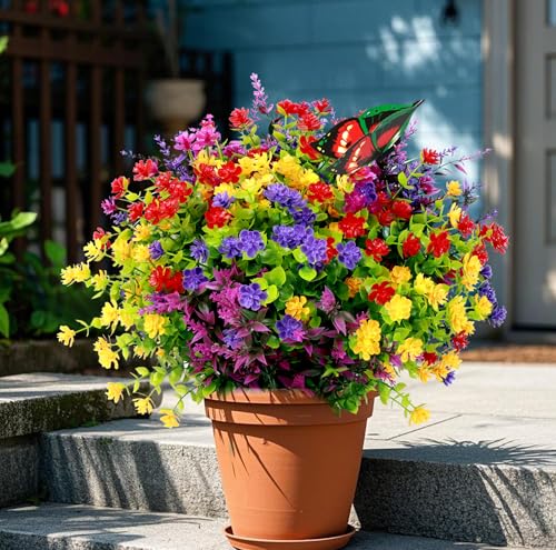 12 Bundles Artificial Flowers for Outdoors UV Resistant, Artificial Flowers Outdoor Decoration, No Fade Faux Fake Flowers Greenery Shrub Plants for Garden Home Front Porch Window Hanging Decor - color: Red+rose Red+purple+yellow, size: 12 Bundles