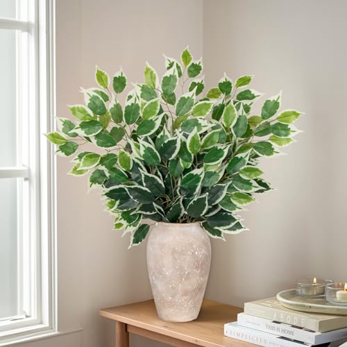 24PCS Ficus Leaves Artificial Branches - 24" Faux Ficus Greenery Tree Branches - Fake Leaves Sprays for DIY Arch Wedding Wall Decor - Green & White - color: 24inch-24pcs/Green & White