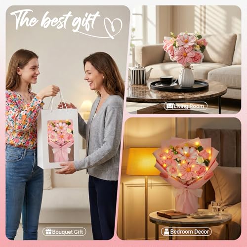 Crochet Flower Bouquet, Pink Handmade Knitted Flowers with Lights & Vase, Crochet Tulips Galsang Liliy Rose Daisy Flower for Mothers Day Graduation Wedding Lover Teacher Anniversary Birthday Gifts - color: Pink