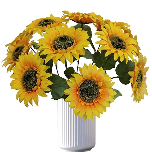 ATFL 12PCS Yellow Sunflowers Artificial Flowers, 18''Fake Silk Sunflower with Long Stem, Flower Diameter 5.1'',Artificial Sunflowers for Fall Home Decor, Baby Shower,and Cemetery Flowers Decor - size: 18"