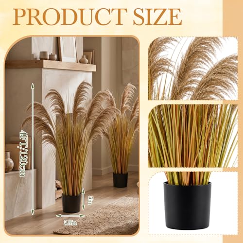 Jexine 2 Pcs Pampas Grass Potted Plants 4 ft Tall Artificial Grass Potted Artificial Greenery Floor Plants Tall in Pot for Housewarming Gift House Garden Bathroom Lobby Outdoor Decoration (Autumn) - color: Mainly Yellow, size: 4 ft