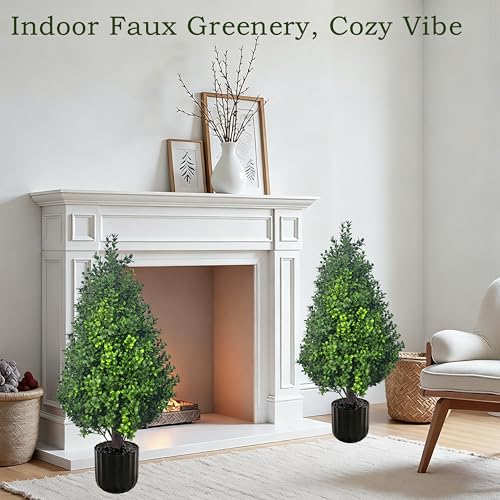 2PACK Artificial Potted Plants Boxwood Topiary Trees Outdoor Indoor with Planter,2.3FT Potted Faux Bushes in Pot Evergreen Fake Trees Outside Realistic for Front Door Porch Offices Garden - color: Boxwood Green