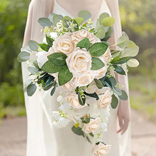AmyHomie Artificial Flower Champagne Rose 25pcs Real Looking Fake Roses w/Stem for DIY Wedding Bouquets Centerpieces Arrangements Party Baby Shower Valentines Day Christmas Tree Decorations - color: Champagne