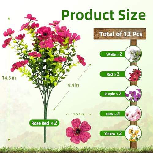 CLEANGOR 12 Pcs Artificial Flowers for Outdoors (6 Color) | UV Resistant Artificial Outdoor Plants, Fake Daisy with Eucalyptus Leaves, for Spring Summer Garden, Porch, Home Decor - color: Mix1(rose Red+purple+yellow+white+red+pink)