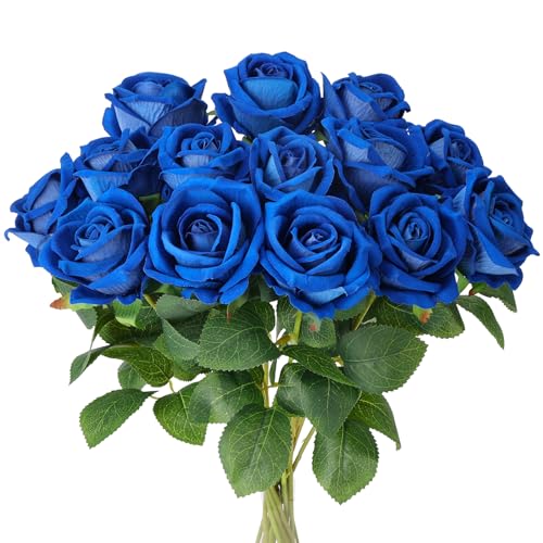 Auihiay 14PCS Blue Artificial Roses, Blue Artificial Flowers, Blue Roses Bouquet with Long Stems for Father's Day Decor, Wedding Centerpieces, Anniversary, Party & Home Decor, DIY Floral Arrangement - color: Dark Blue